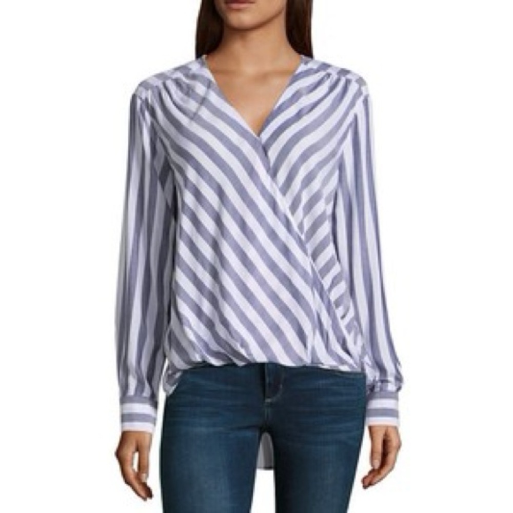 a.n.a Navy & White Striped V-Neck Wrapover Long Sleeve Blouse - Women’s XL